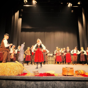 muskarci i zene igraju tradicionalni srpski ples - kolo, ispred njih su kvadri od slame