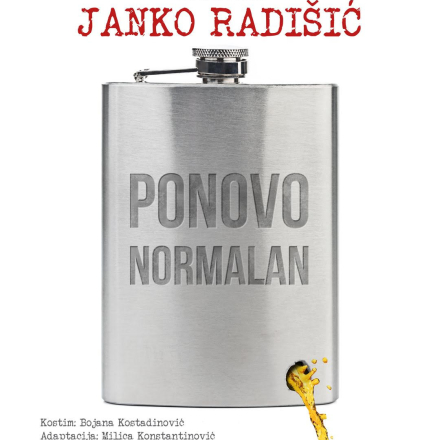 Plakat za predstavu, metalna pljoska za rakiju, i najavni tekst